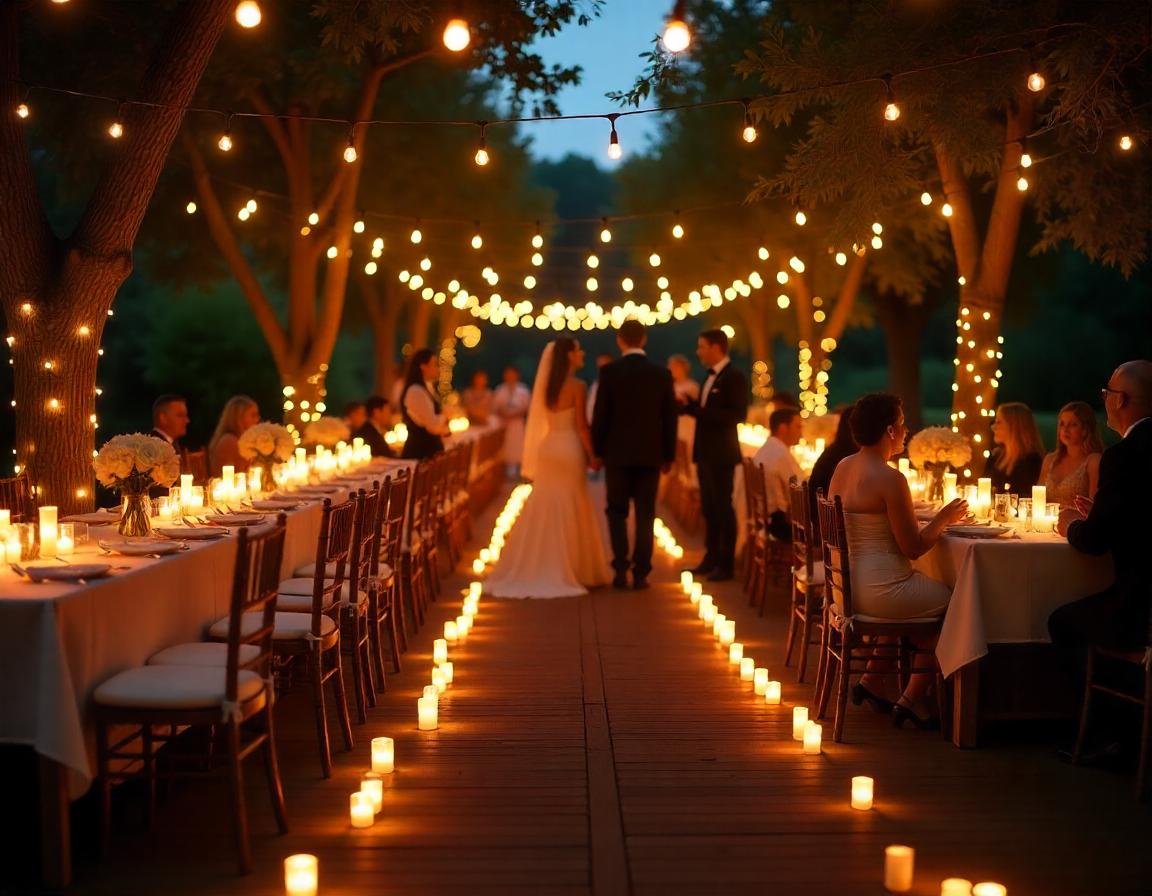 Flameless candle hire setup at a Toowoomba wedding - rows of glowing pillar candles
